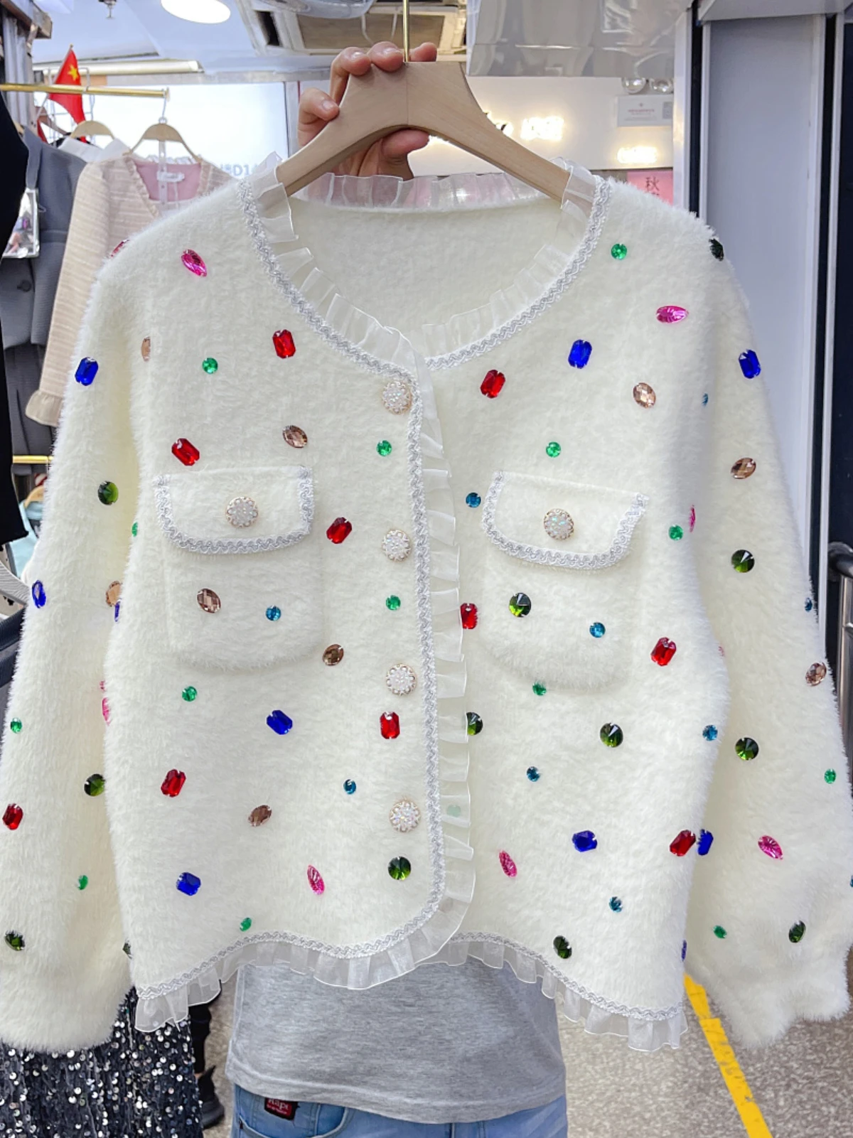 

Autumn French Classic Style Fashion Sweet Colorful Crystals Knitted Coat Women's Fairy Ruffles Imitation Mink Sweater Cardigan