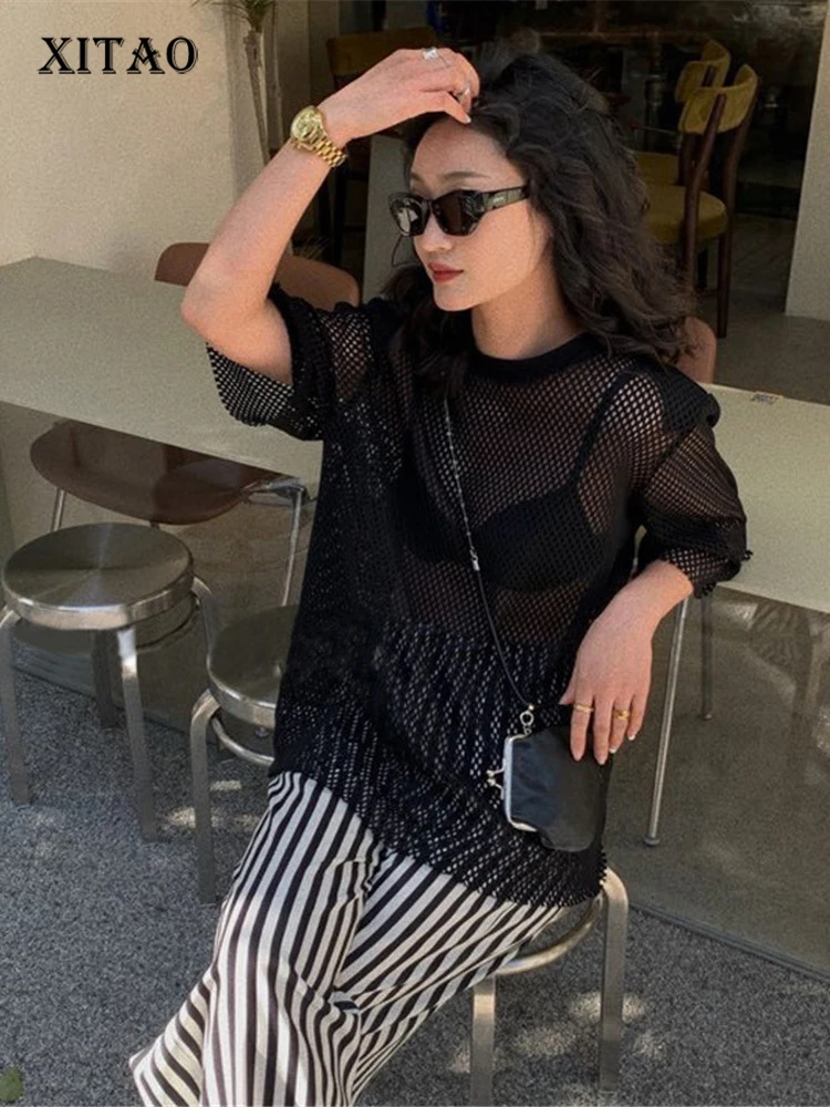 

XITAO, тонкая футболка, Модный пуловер, маленький, свежий, половина рукава, богиня, вентилятор, повседневный стиль, однотонный, белый, черный, 2022...