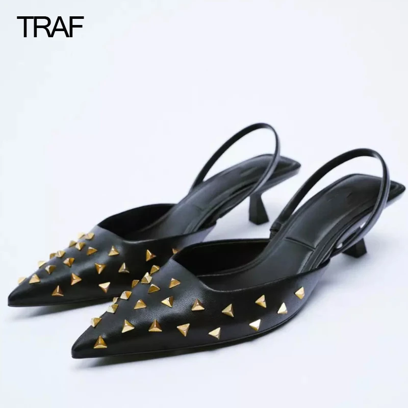 

TRAF Women High Heels sandals 2022 Woman Pumps Kitten Heels Female Rhinestone Heeled Ladies Slingback Pointe Small Heel Shoe