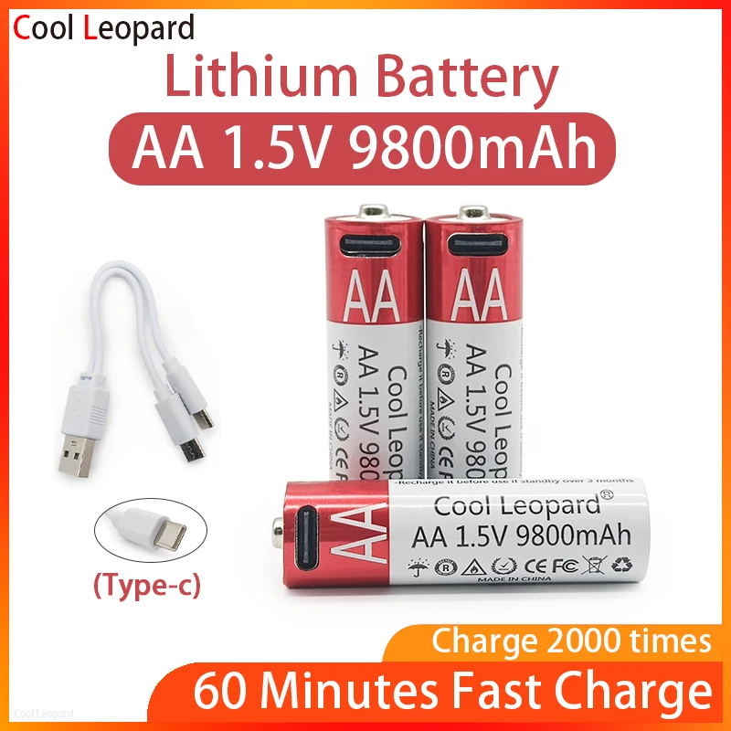 

New USB Rechargeable Li Ion Battery 1.5V AA 9800mah / Li Ion Battery Watch For Toys MP3 Player Thermometer Keyboard