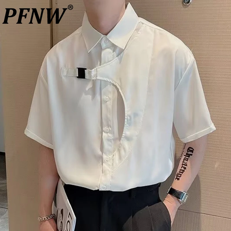 

PFNW Summer Men's Pointed Neck Short Sleeved Shirts Tide Thin Solild Color Irregular Design Versatile Deconstructed Tops 12Z1406