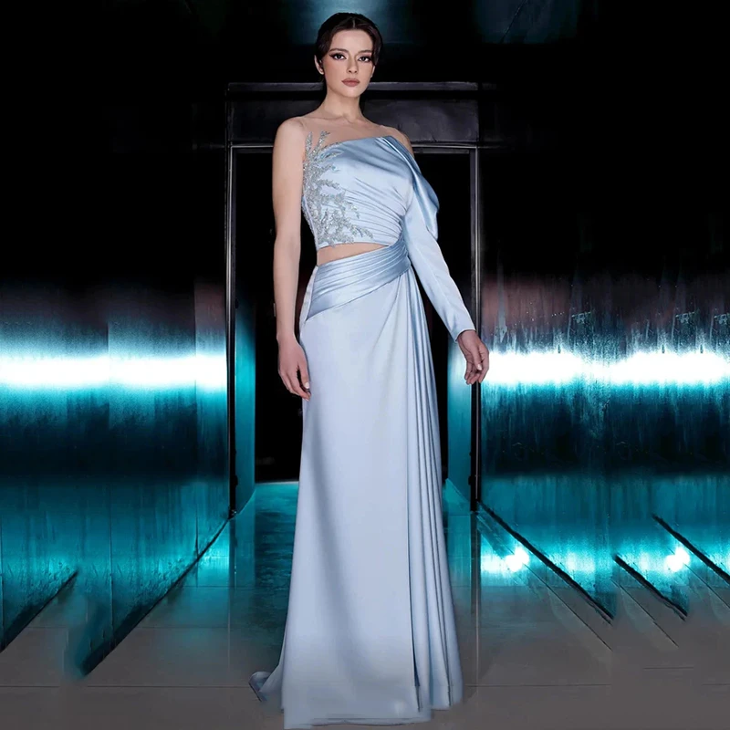 

UZN Chic Sky Blue New Arrive A-Line Evening Dresses Satin Pleats Prom Dress Long Sleeves Saudi Arabia Party Gowns Custom Size