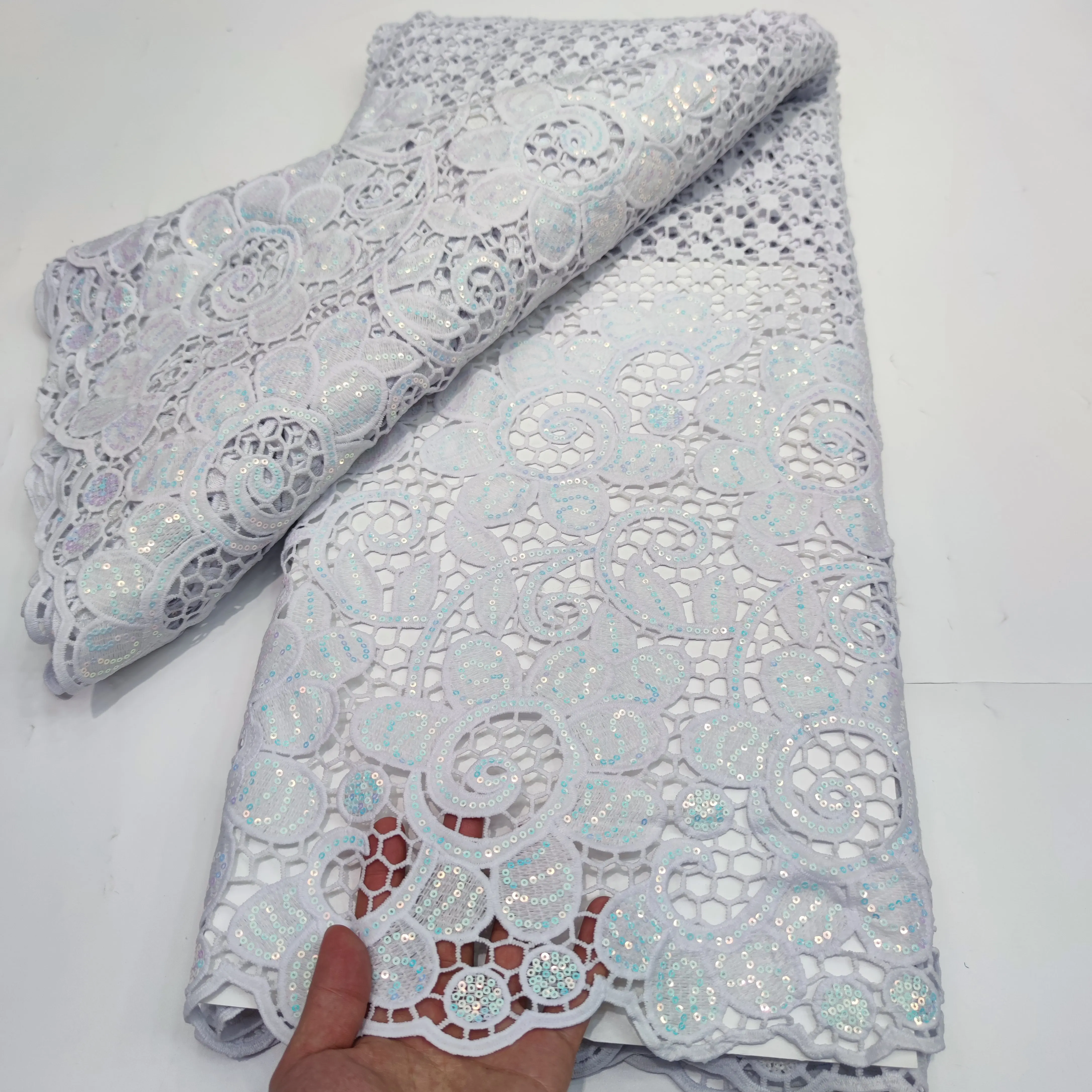 

New Arrival Pure White African Lace Fabric 2022 High Quality Nigerian Sequin 5 Yards Milk Silk Lace French For Wedding Dress Sew