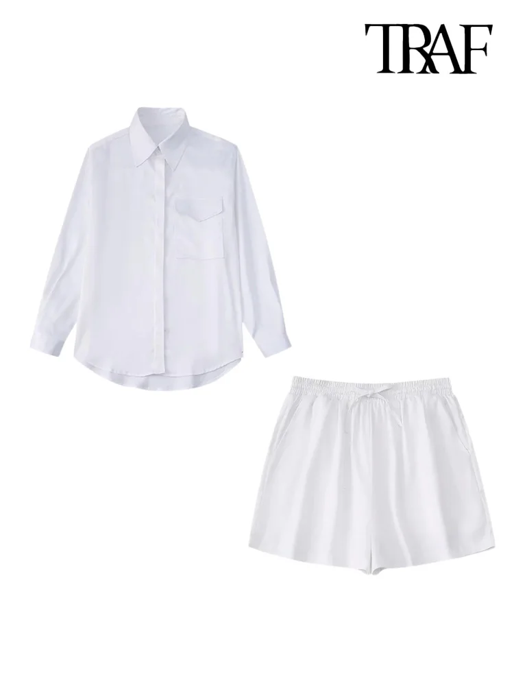 

TRAF Women Fashion With Pocket Loose Shirts And High Elastic Waist With Drawstring Shorts Female Two Piece Sets Mujer