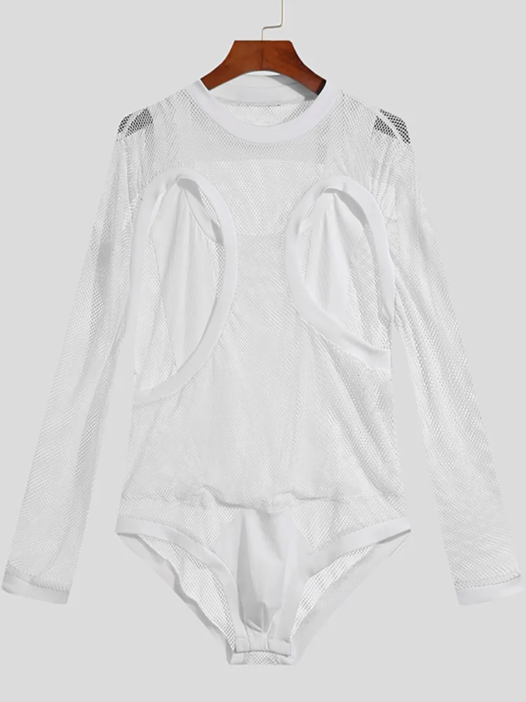 INCERUN Men's Skinny Stretch Jumpsuits Fashion Male Solid Party Shows Long Sleeved Comfortable Mesh Hollow Out Romper S-5XL 2022