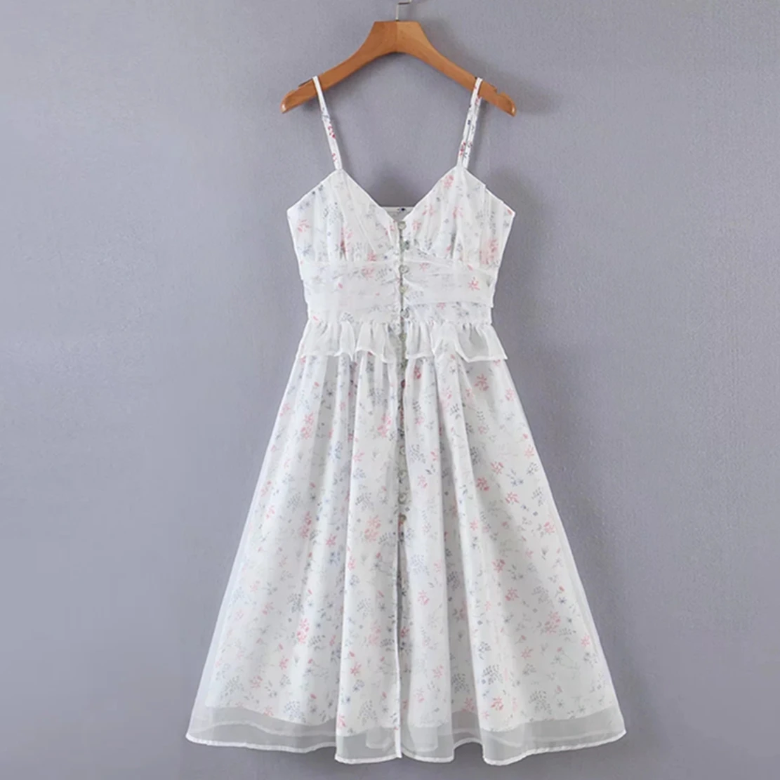 

Jenny&Dave Ins Fashion Blogger Vintage Floral Print Spaghetti Strapless Sexy Organza Ruffles Party Midi Summer Dress Women