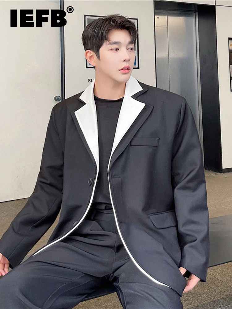 

Мужское пальто IEFB, Новинка осени 2023, модный Индивидуальный нишевый дизайн, двойной контрастный воротник, свободный костюм, мужские топы с дл...