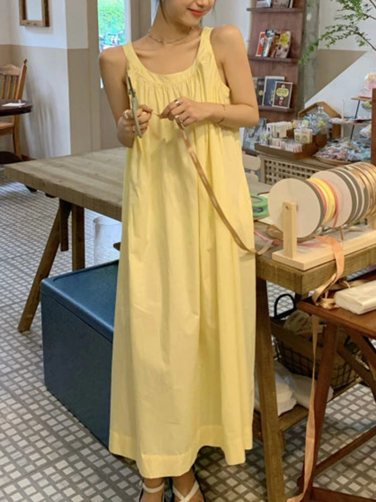 

Summer Solid Chic Dress Women Designer Draped Elegant Midi Dress Female Korean Fashion Casual Sleeveless Holiday Dress 2022 New