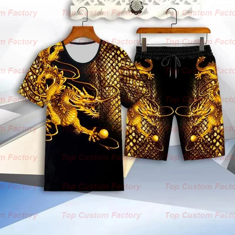 New Men's 2-Piece Summer Short Sleeve Suit Dragon 3 Print Sports Suit Street Jogger Clothing Fashion Oversized Tracksuit Outfits
