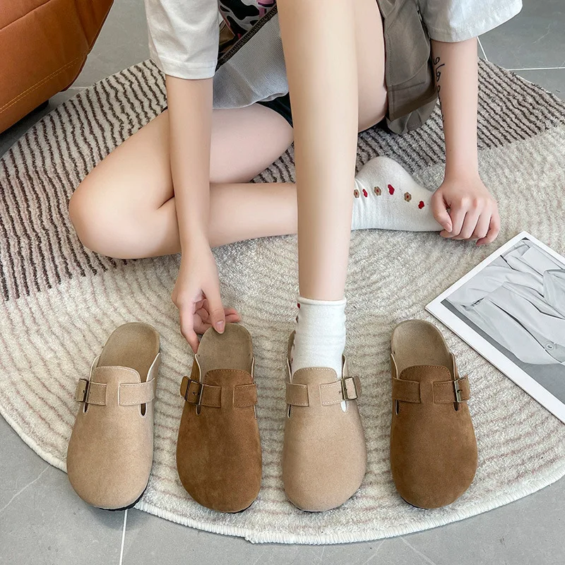 2023 Fashion Women's Leather Sandals Spring Summer New Frosted Cowhide Baotou Half Slippers Women Home Outdoor Slides Shoess