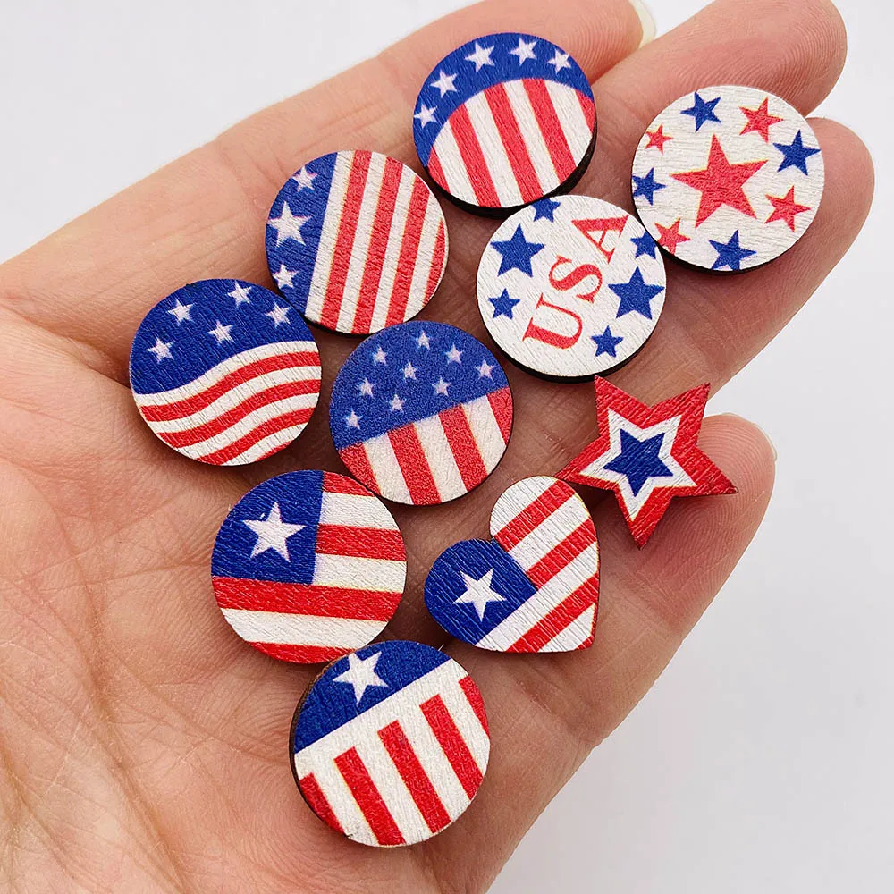 

New American Independence Day Round Wooden Earrings Heart Star Sunflower American Flag Color Mini Earrings Jewelry Wholesale