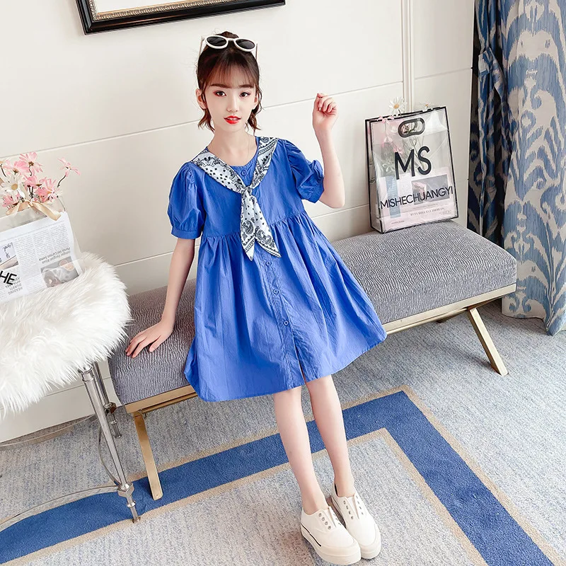 

Summer Girls Short-Sleeved Silk Scarf Dress New Casual College Style Children's Clothing Baby Korean Fashion Princess Dress