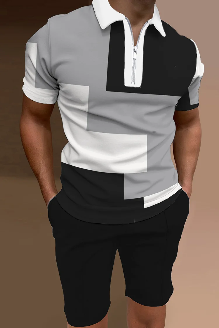 2023 Men Fashion Geometric 3D Printed Summer V-neck Zipper Short Sleeve POLO Shirt + Shorts Two-piece Men Casual Suit Oversized