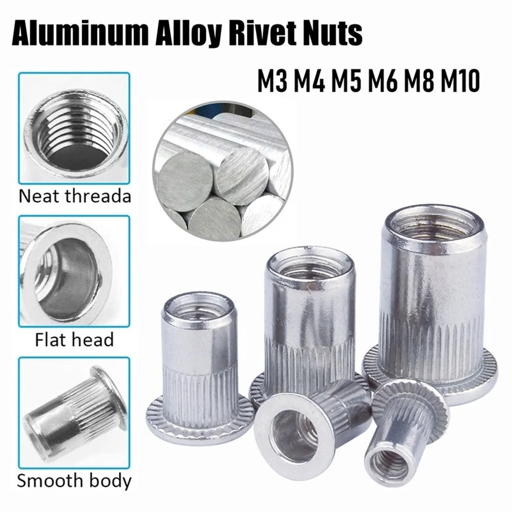 

100/50/20/10PCS Aluminum Alloy Rivet Flat Head Threaded Rivet Nuts M3 M4 M5 M6 M8 M10 Insert Nutsert Cap Rivet Nut Set