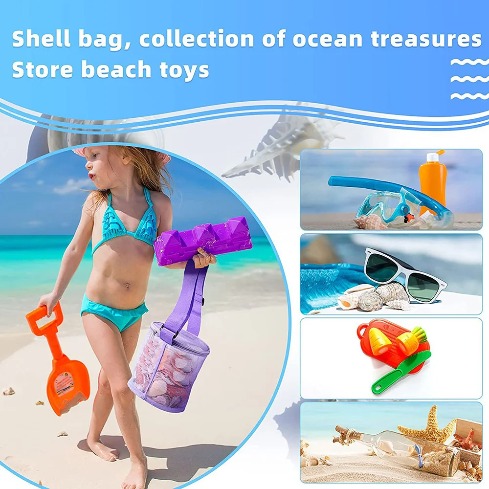 

Shell Mesh Storage Bag Cylindrical with Zipper Shell Collecting Bags for Kids Adjustable Strap Zippered Nets Bag XHC88