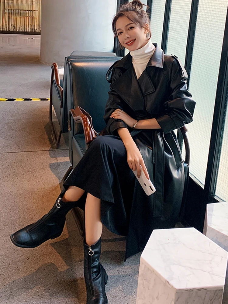 Nerazzurri Spring Black Oversized Long Waterproof Leather Trench Coat for Women Long Sleeve Loose Korean Fashion Clothing leathe