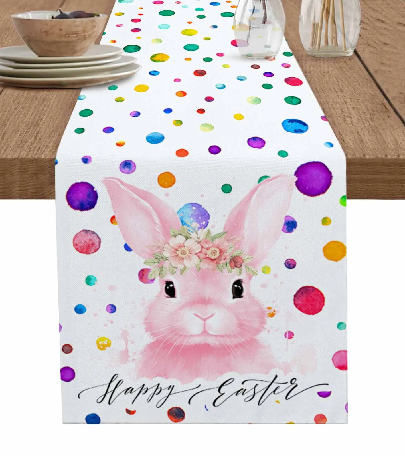 

Easter Pink Bunny Colorful Polka Dots Table Runner Luxury Wedding Decor Table Runner Home Dining Holiday Decor Tablecloth