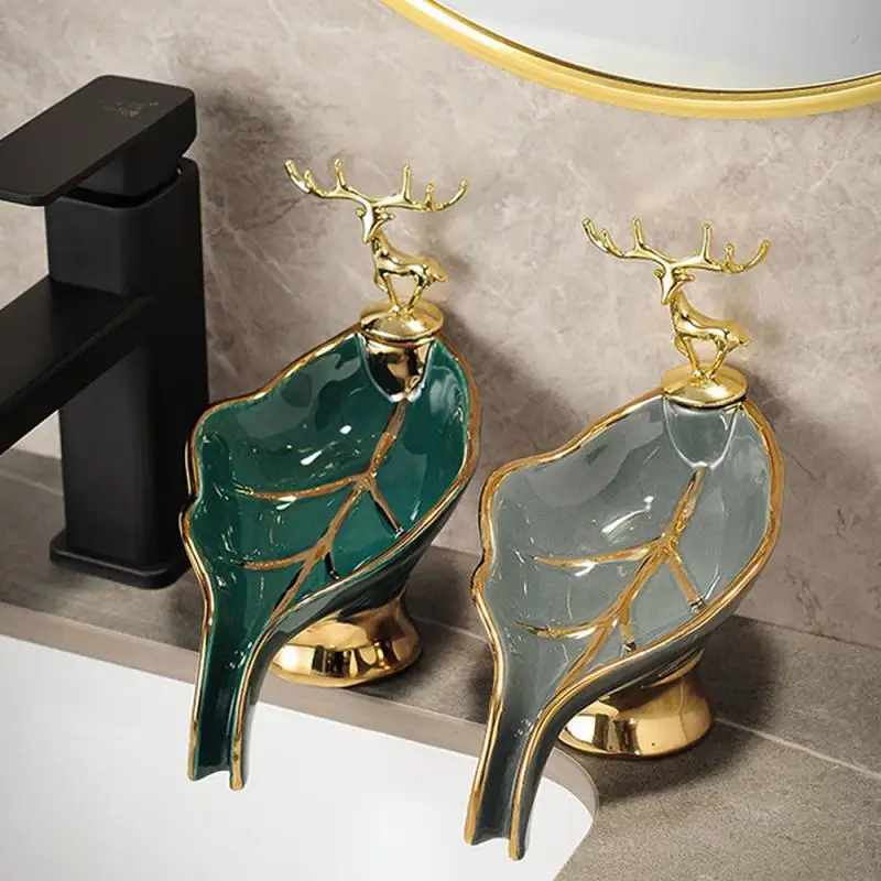 

Nordic Bathroom Storage Soap Box Drain Soap Box Ceramic Deer Shape Soap Storage Box Bathroom Supplies Luxury Leaf Shape