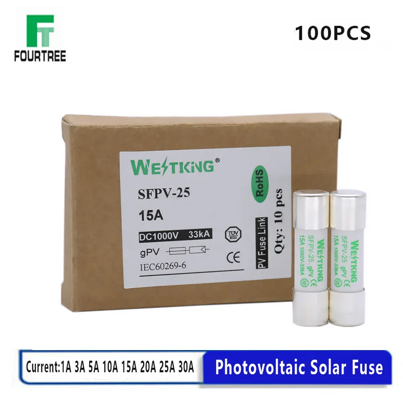 

100Pcs PV Solar Fuse 1000V DC 10*38mm 1A 3A 5A 10A 15A 20A 25A 30A For Photovoltaic Power System Protection Pure Silver Melt