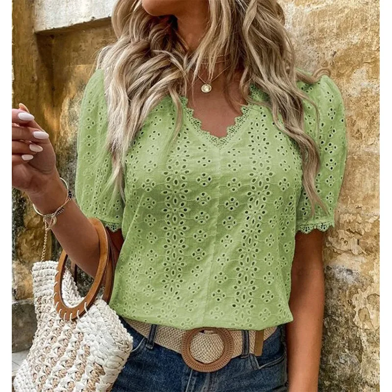 

Vintage Pullover Blouse Tops Fashion PWoman 2022 Summer Office Elegant Lace Hollow Solid T Shirt V-neck uff Short Sleeve Shirts