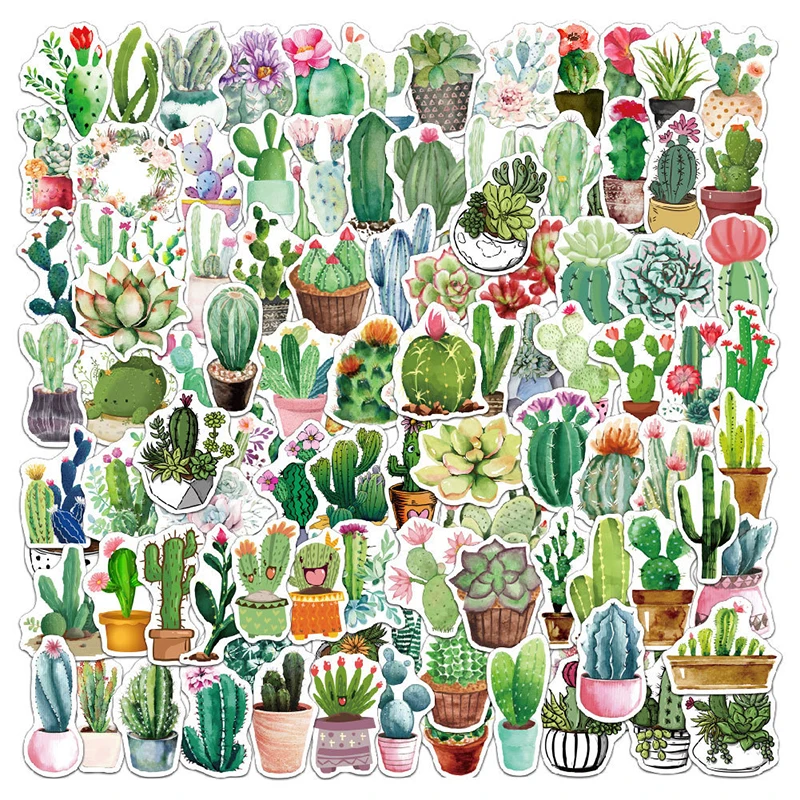 

100Pcs Cactus Green Plant Stickers Cartoon Floral Graffiti Sticker Waterproof Sticker Luggage Guitar Laptop Decor Decal