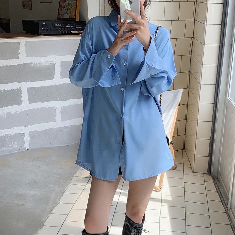 

Женская однобортная рубашка с длинными рукавами, свободная Базовая Блузка с лацканами, модный синий кардиган с карманами, весна 2022