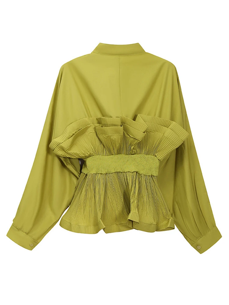 [EAM] женская зеленая плиссированная винтажная блузка новая свободная рубашка с