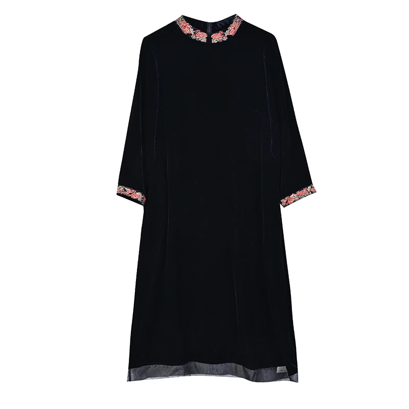 Черное Фланелевое шикарное кружевное платье-миди с расклешенным рукавом женское