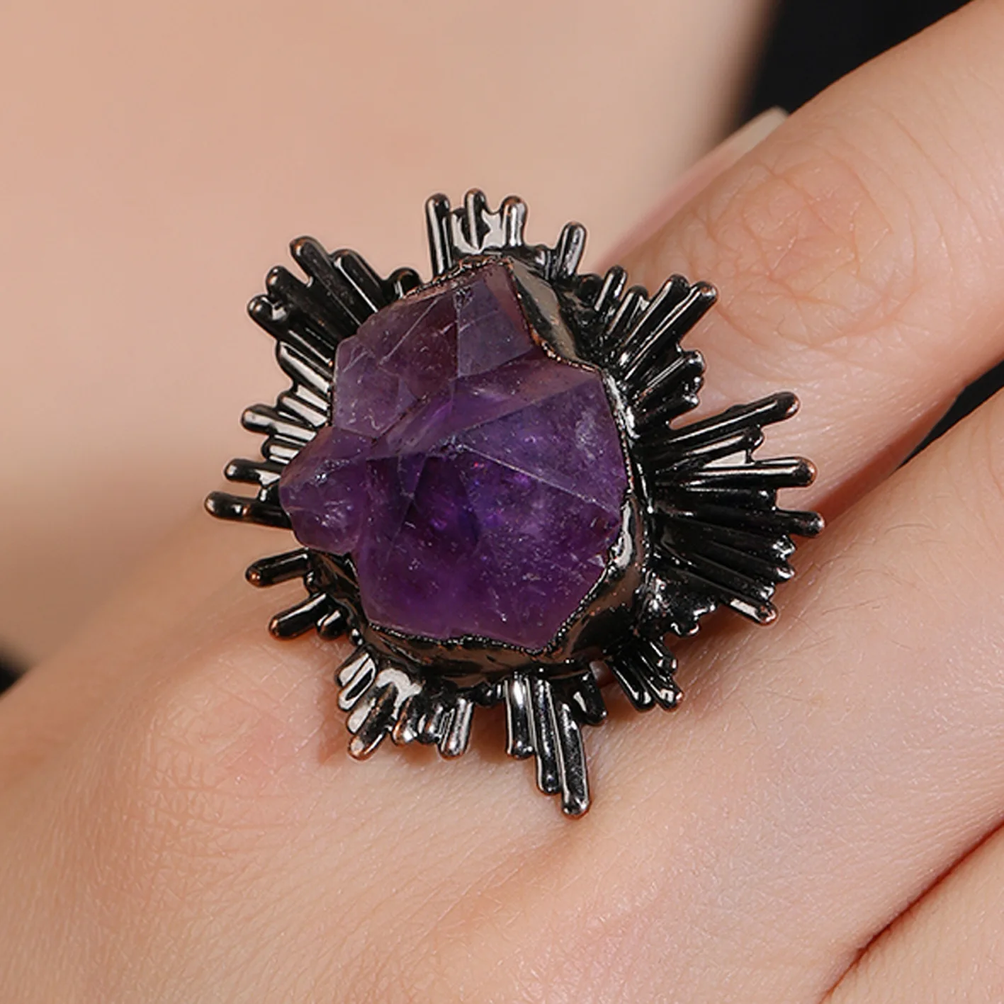 

Natural Amethysts Druzy Opening Antique Copper Rings Purple Jade Flower Adjustable Ring Healing Crystal Bronze Ring for Women