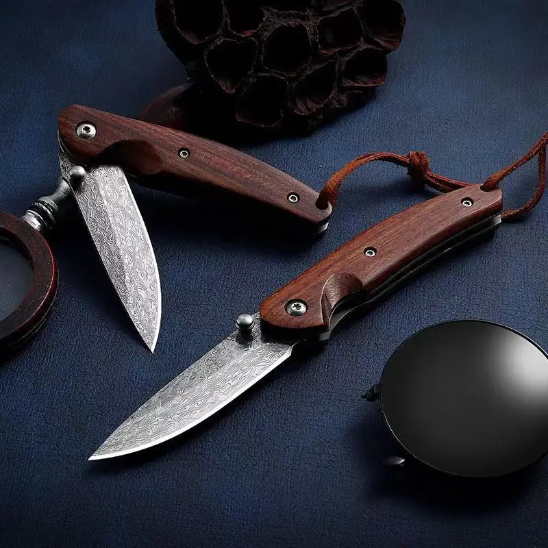 

Damascus Blade Sharp High Hardness Wood Handle Mini Folding Pocket Knife Outdoor Hunting Tactical Knife Camping EDC Utility Tool