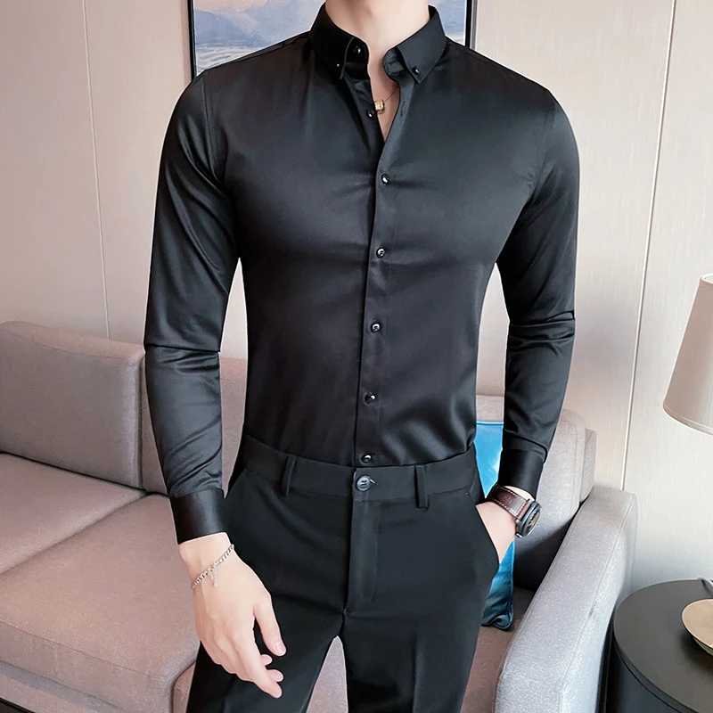 

Plus Size 5XL-M British Style Solid Long Sleeve Shirt Men Clothing Simple Slim Fit Business Casual Chemise Homme Formal Wear Hot