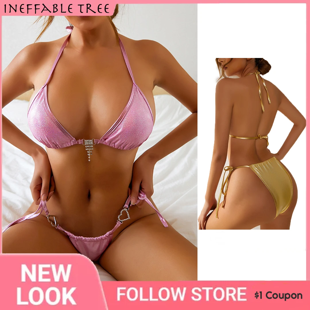 

Sexy Heart Crystal Diamond Tassel Bikini 2022 Women Golden Bandeau Swimsuit Female Swimwear Bikini Set Halter Bathing Suit