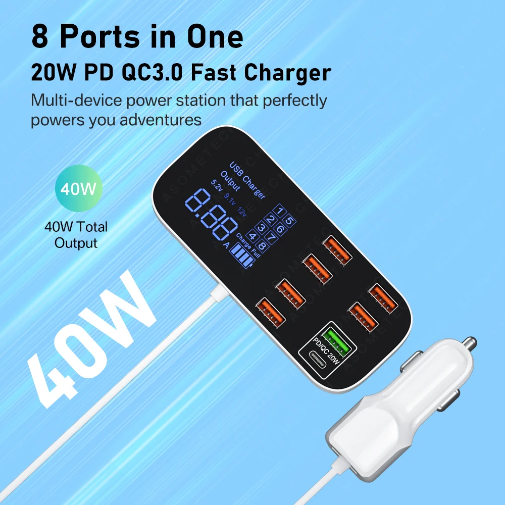 8-портовый Автомобильный Адаптер Для Зарядного Устройства USB Quick Charge 3.0 Мощностью