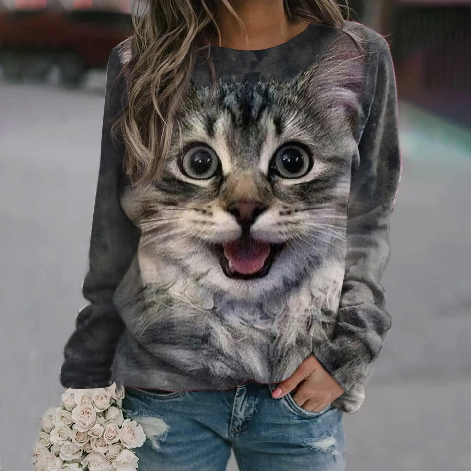 

Womens Daily Print O Neck Sweatshirt Round Neck Fit Pullover Tops Casual Long Sleeve Workout Shirts Casual Loose Casual Top