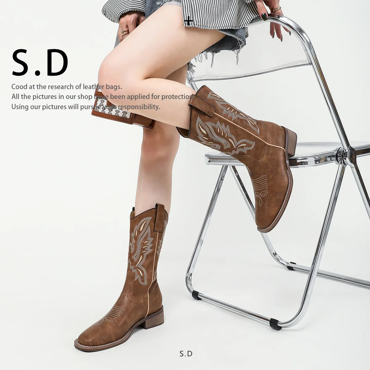 

Новинка 2022, женские ботинки из искусственной кожи с вышивкой, высокие ботинки в винтажном рыцарском стиле, сапоги до середины икры, модные б...