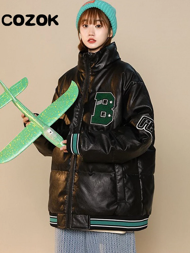 Oversized Warm Thick PU Leather Coats Women's Parkas Coat Winter Letter Embroidery Zipper Coat Stand Collar Down Cotton Jackets