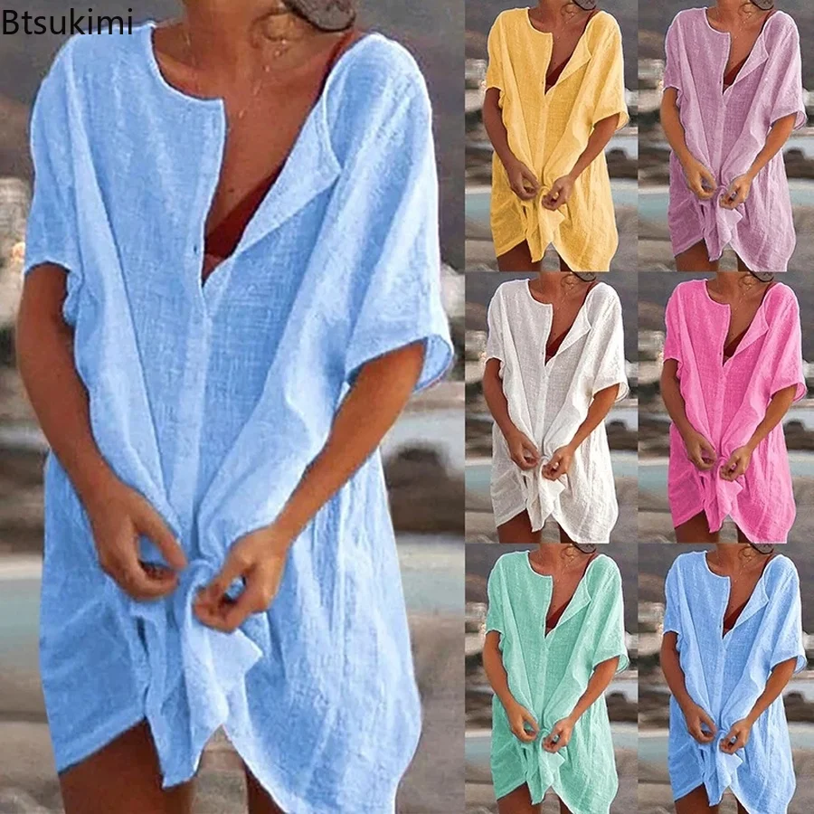 

Women Summer Cotton Linen Long Blouse Plus Size 5XL Short Sleeve Solid Button Blouse Casual Shirt Dress Vintage Oversized 2022