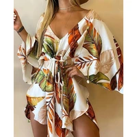 fashion women sexy deep v neck long sleeve mini dress leaf print tied front loose fit casual dress