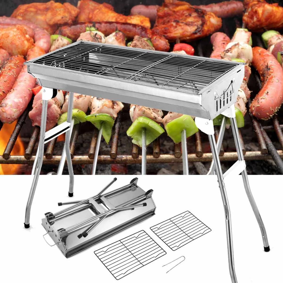 

Portable Smokeless BBQ Grilling Rack Fold Barbecue Charcoal Grill Stove Shish Kebab Stainless Steel BBQ For Home Garden Dining