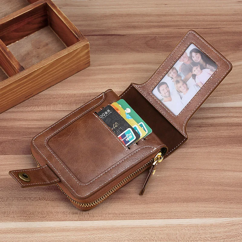 Men's Short Wallet European and American Retro Wallet Horizontal Zipper Buckle Bag Card Holder Men Purse Buckle Coin Wallet