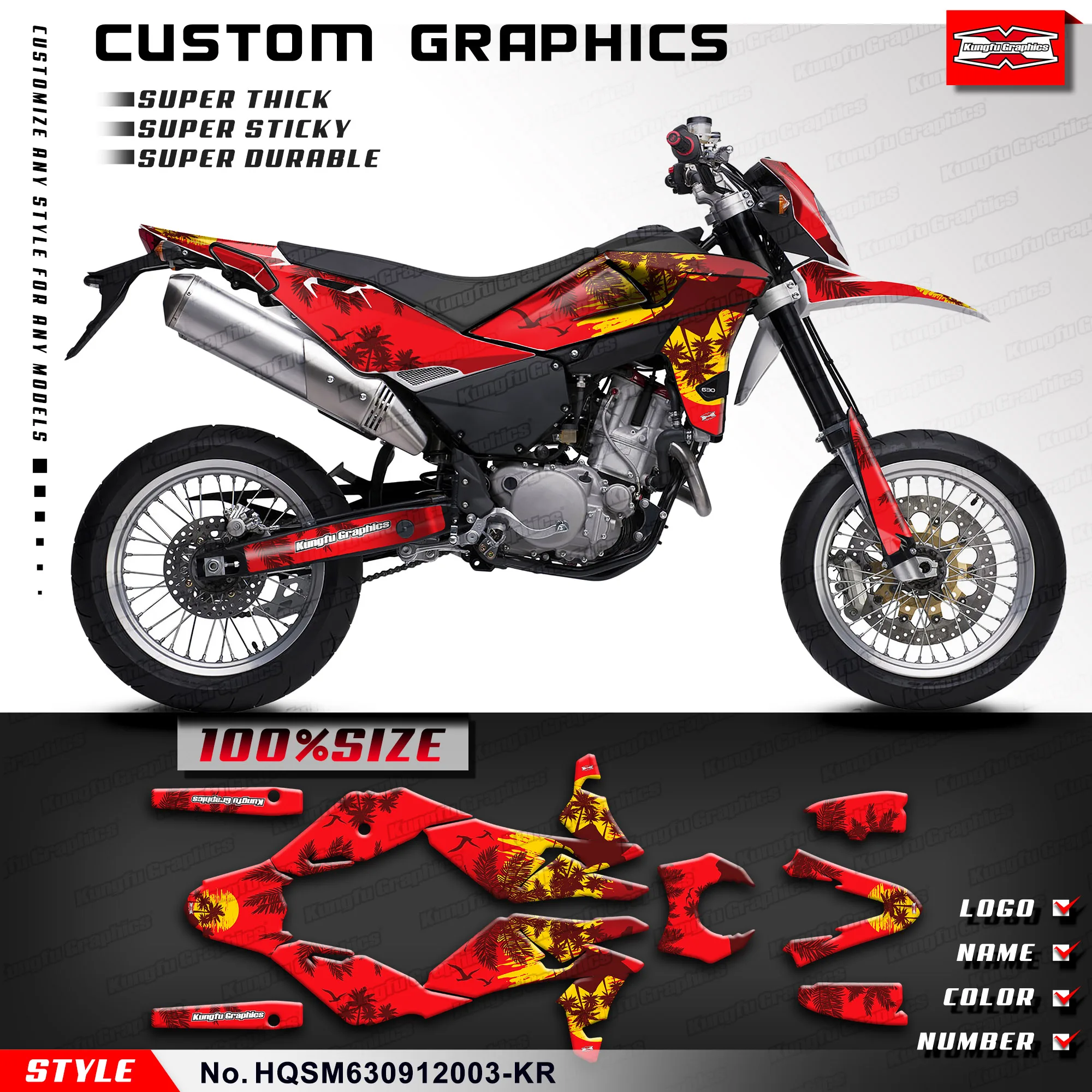 Фото KUNGFU GRAPHCS комплект виниловой наклейки на заказ для Husqvarna TE SM SMS 630 2009 2010 2011 2012, HQSM630912003-KR №1