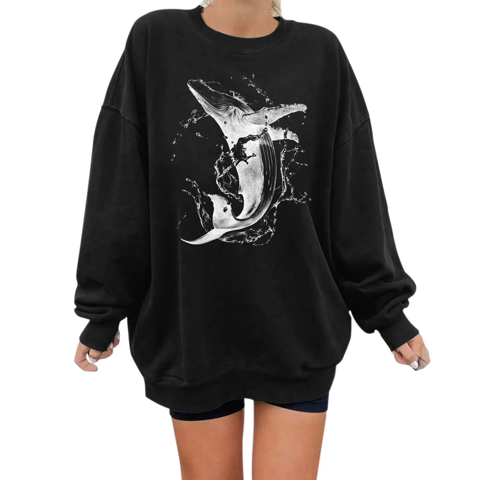 Fashion Whale Rose Print Sweatshirts Women Spring Autumn Long Sleeve Loose Pullover Sweatshirt Drop Shoulder Oversized Tops 5