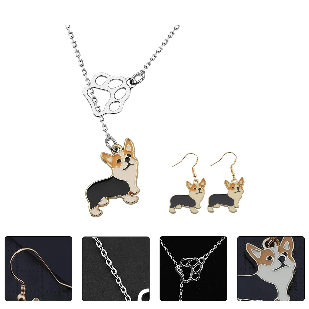 

Dog Necklace Earrings Gift Female Jewelry Set Alloy Corgi Chokers Girls Modeling Pendant Decor