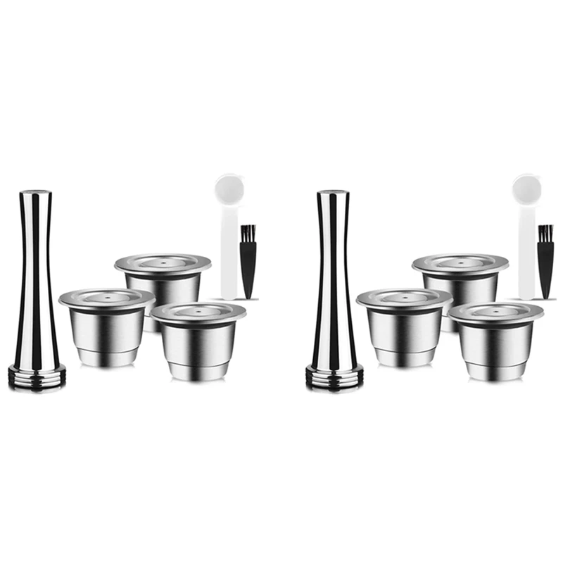 

Capsules Reusable, Stainless Steel, 6 Pieces Refillable Pads For Nespresso + 2 Tamper + 2 Spoon + 2 Brush