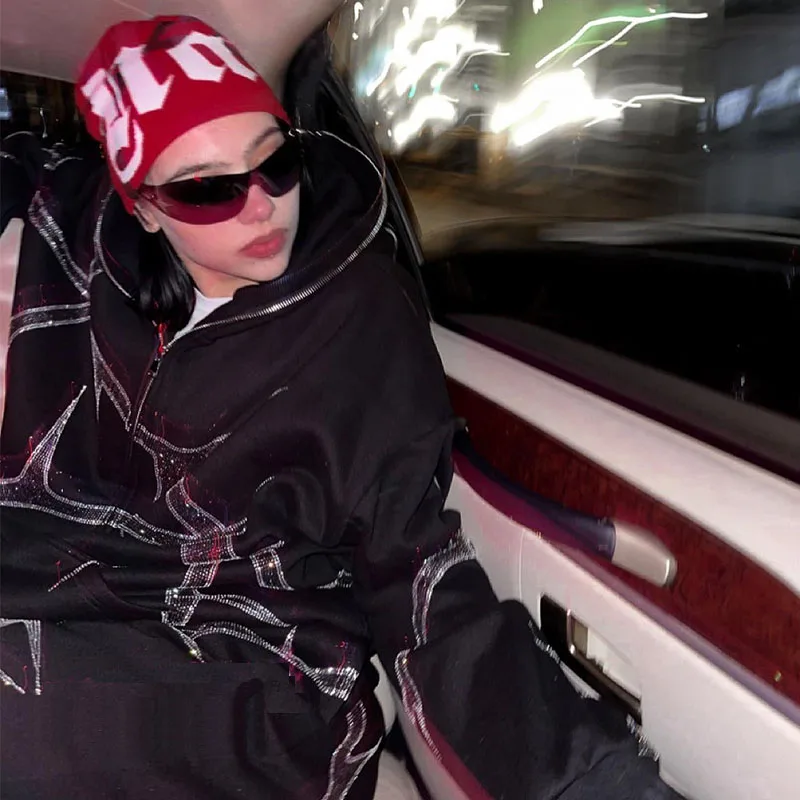 

Retro Women's Rhinestone Bling Jackets Hoodies Y2k Long Sleeve Gothic Warm Hoodie Zip Up Loose American Streetwear Casual Coats