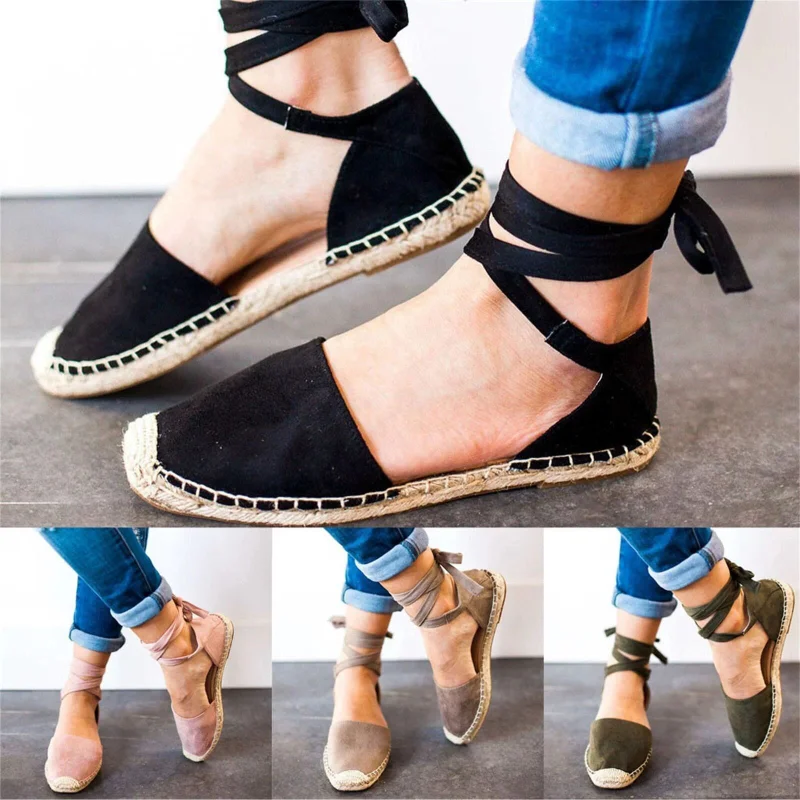 

Plus Size 43 Shoes of Women Ankle Strap Espadrilles Roman Sandals Flat Hemp Rope Womens Shoes Comfort Summer Women Sandals 2023