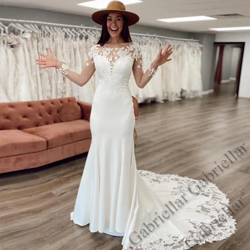 

Gabriellar Mermaid Satin Wedding Dress SCOOP Full-Sleeve Buttons Exquisite Appliques Mopping Gown Vestido De Novia 2022 Women