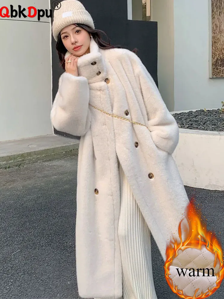 Корейский дизайн, свободные длинные пальто из искусственного меха ...
