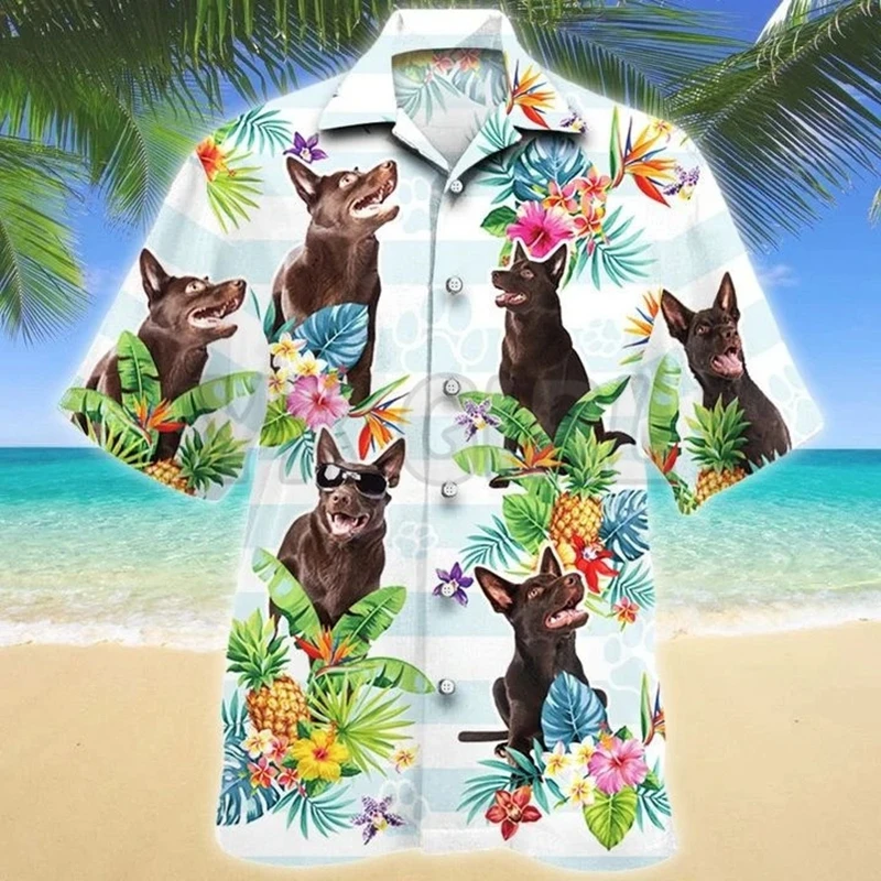 Australian Kelpie Dog Tropical Flower 3D All Over Printed Hawaiian Shirt Men's For Women's Harajuku Casual Shirt Unisex