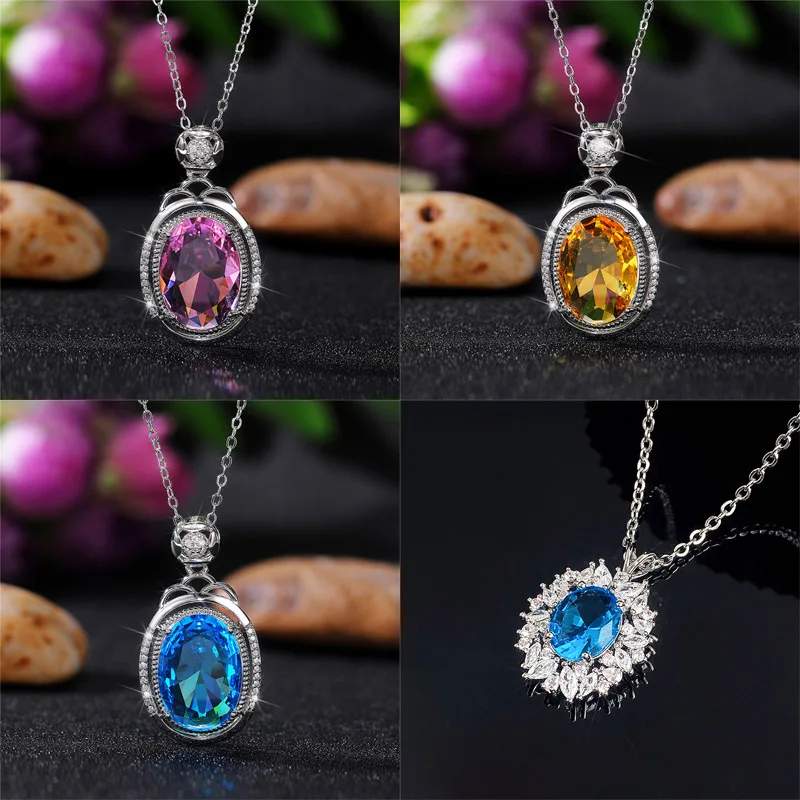 

New Colorful Cubic Zirconia Women's Pendant Necklace Delicate O Chain Silver Color Graceful Female Accessories Party Jewelry